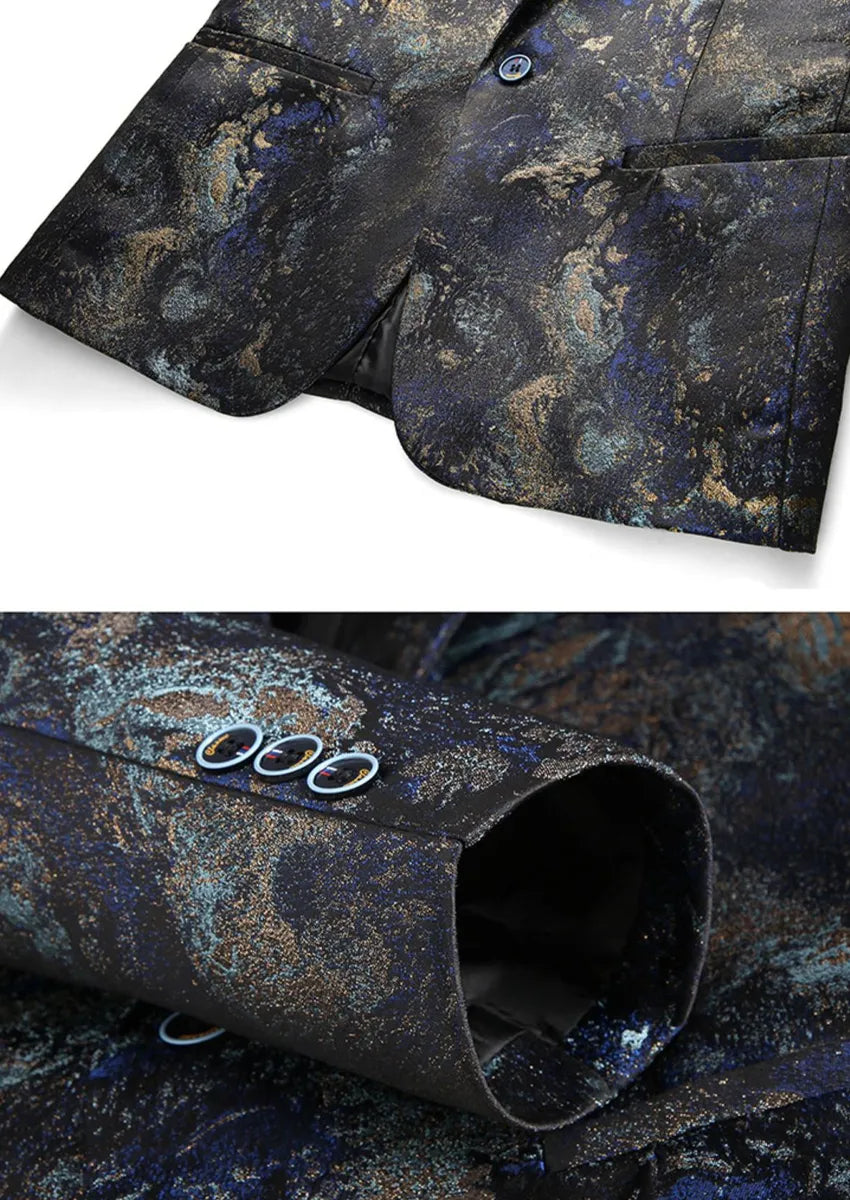Men's Slim Fit One-Button Abstract Print Navy Jacket
