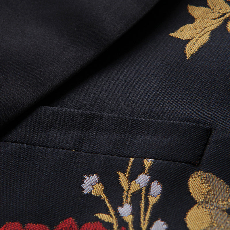 Men's 2-Piece Red and Gold Peony Embroided Black Suit