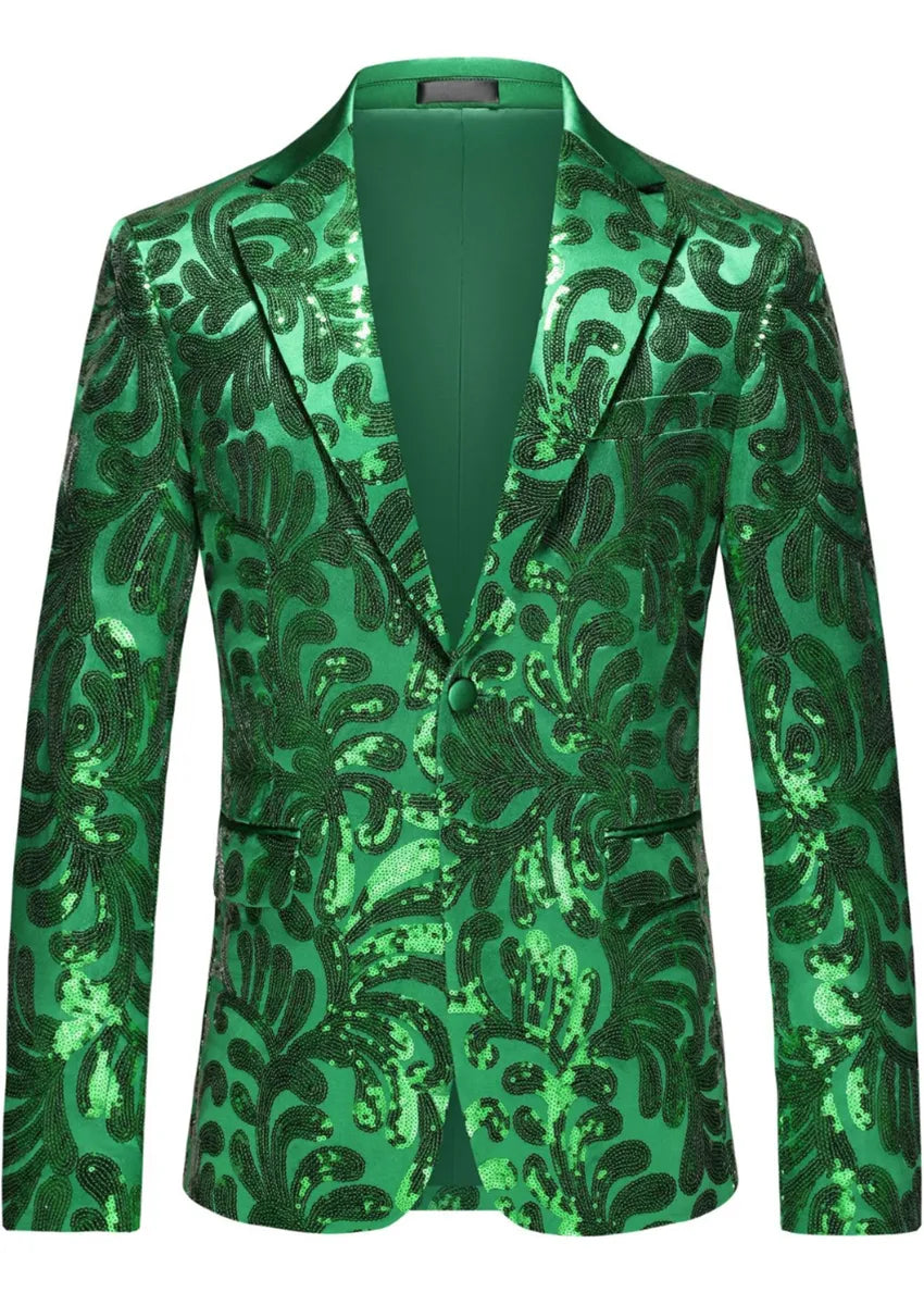 Men's Notch Lapel Embroidered Paisley Green Sequin Suit