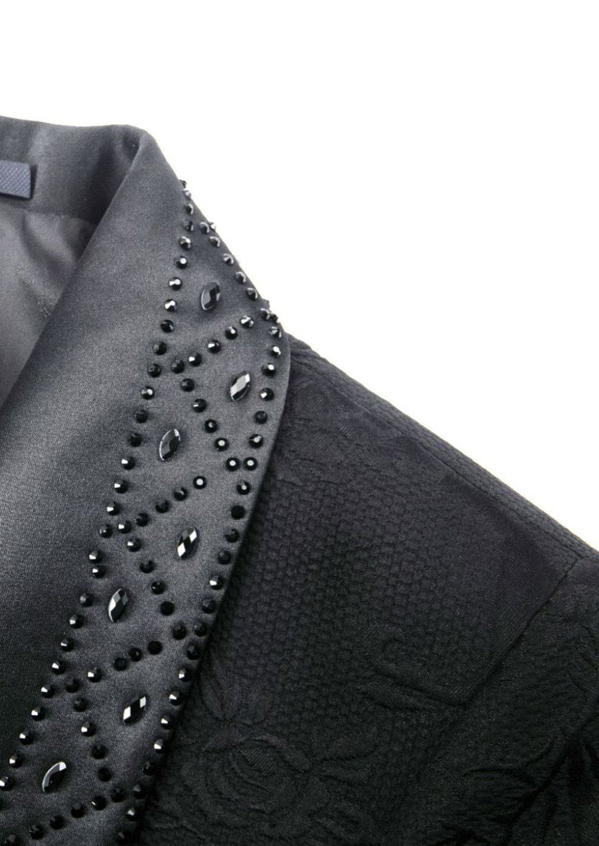 Men’s Black 2-Piece Floral Jacquard Tuxedo Set with Hotfix Crystal Shawl Collar