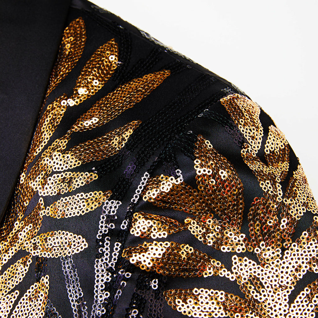 Men's 2-Piece Sequin Golden Leaves Embroidery Tuxedo