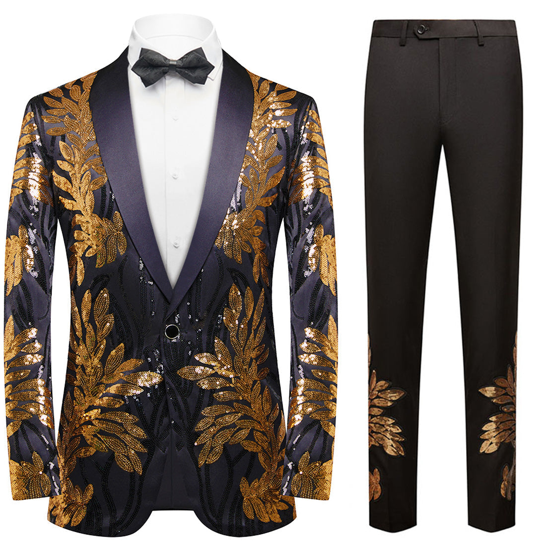 Men's 2-Piece Sequin Golden Leaves Embroidery Tuxedo
