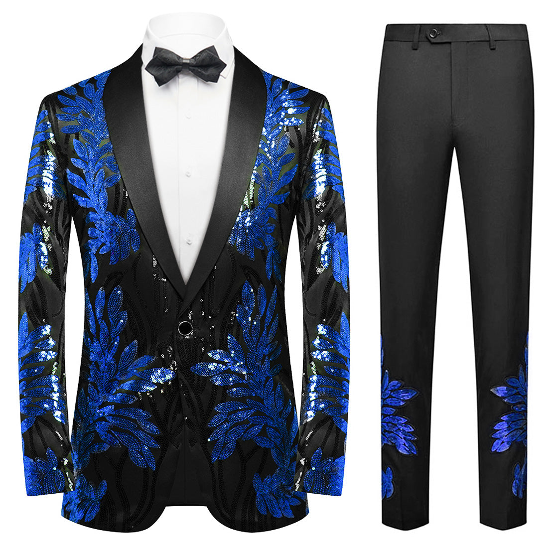 Men's 2-Piece Sequin Blue Leaves Embroidery Tuxedo