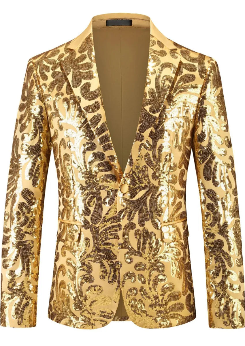 Men's Notch Lapel Embroidered Paisley Gold Sequin Suit