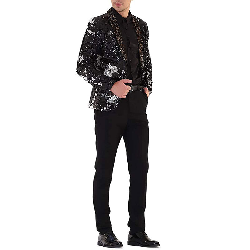 Men's V-neck Full Sequin Black Tuxedo with Silver Geometric Patterns