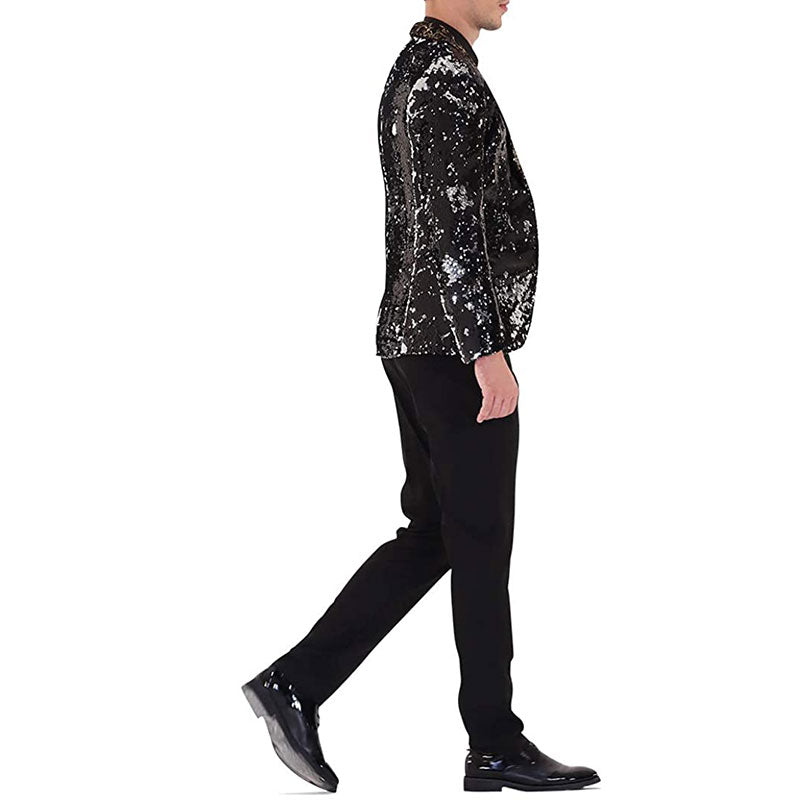 Men's V-neck Full Sequin Black Tuxedo with Silver Geometric Patterns