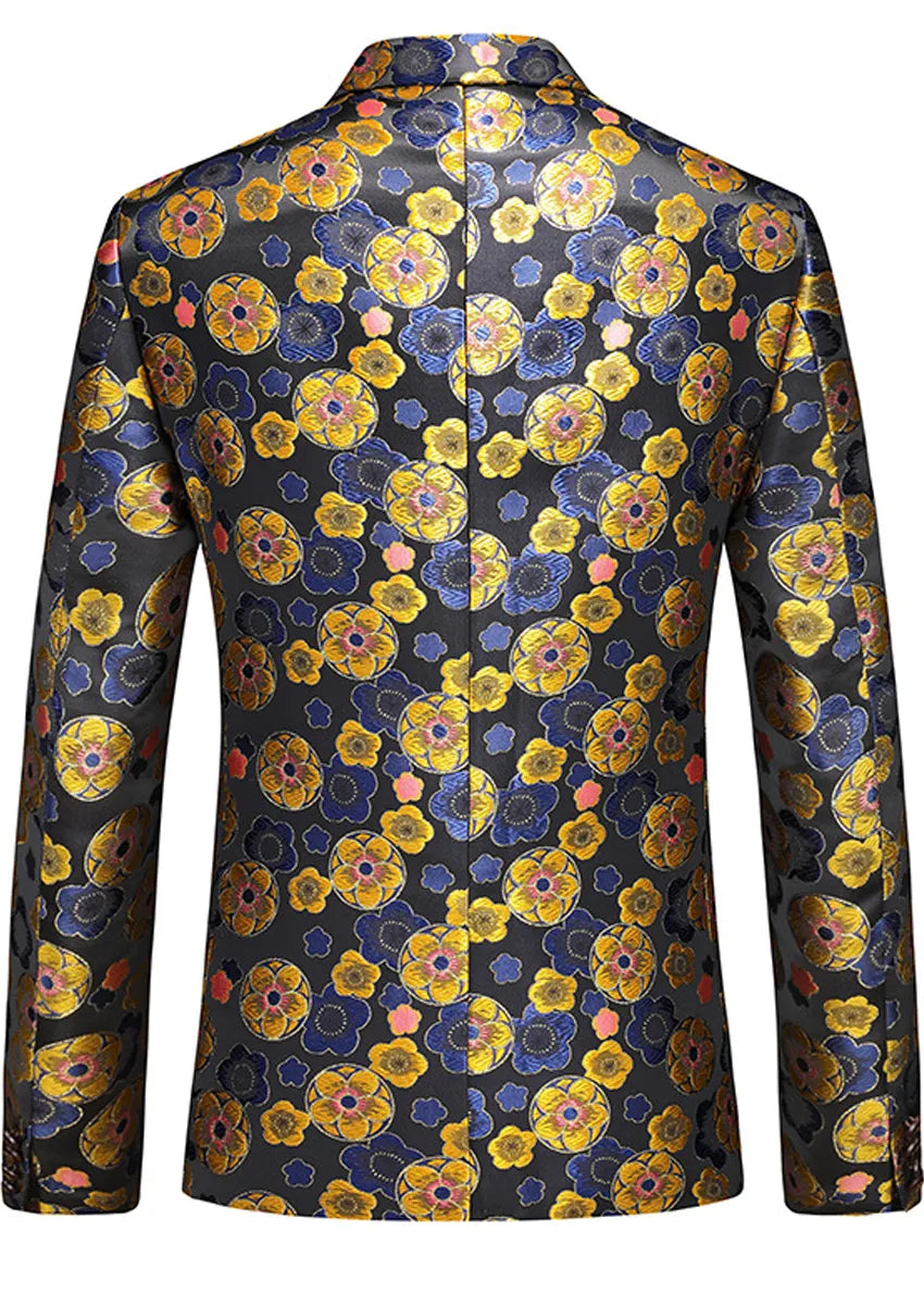 Men's Stylish Gold Floral Jacquard One-Button Black Blazer