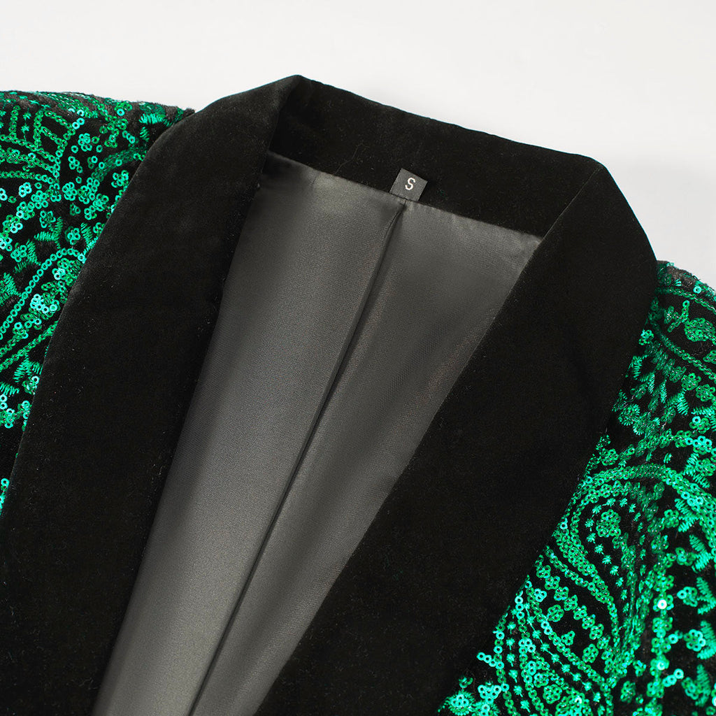 Men's Sequin Green Paisley Black Suit