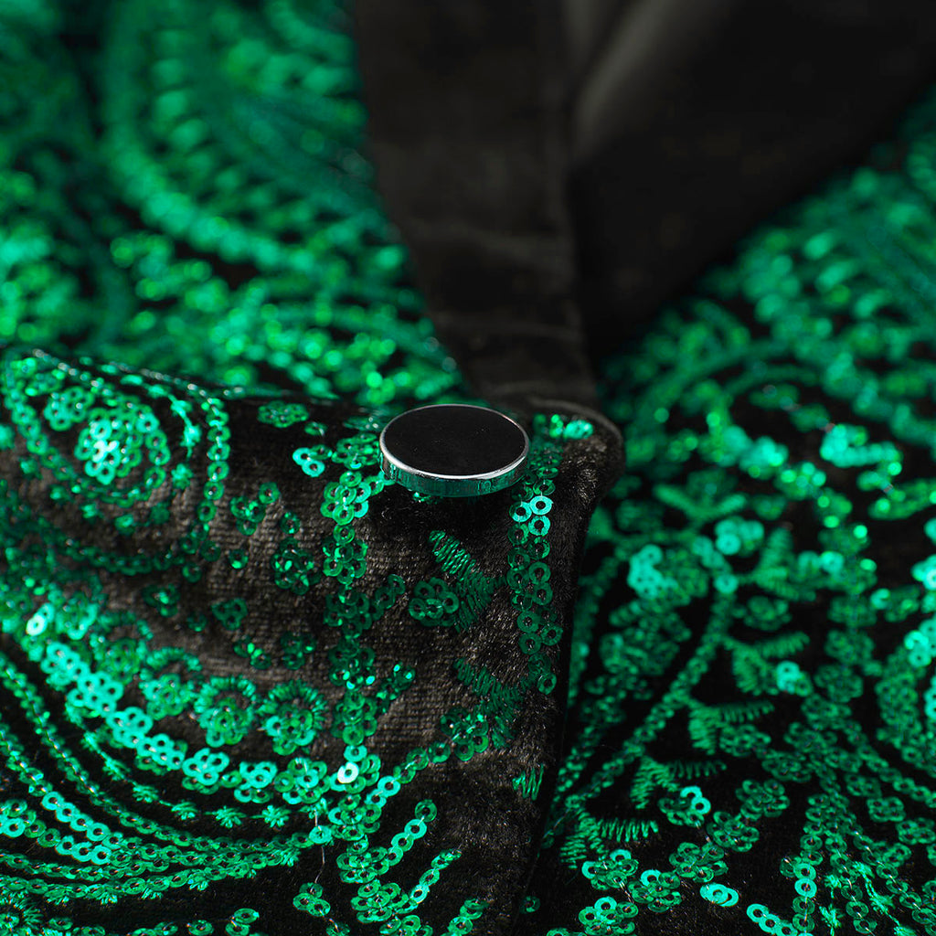 Men's Sequin Green Paisley Black Suit