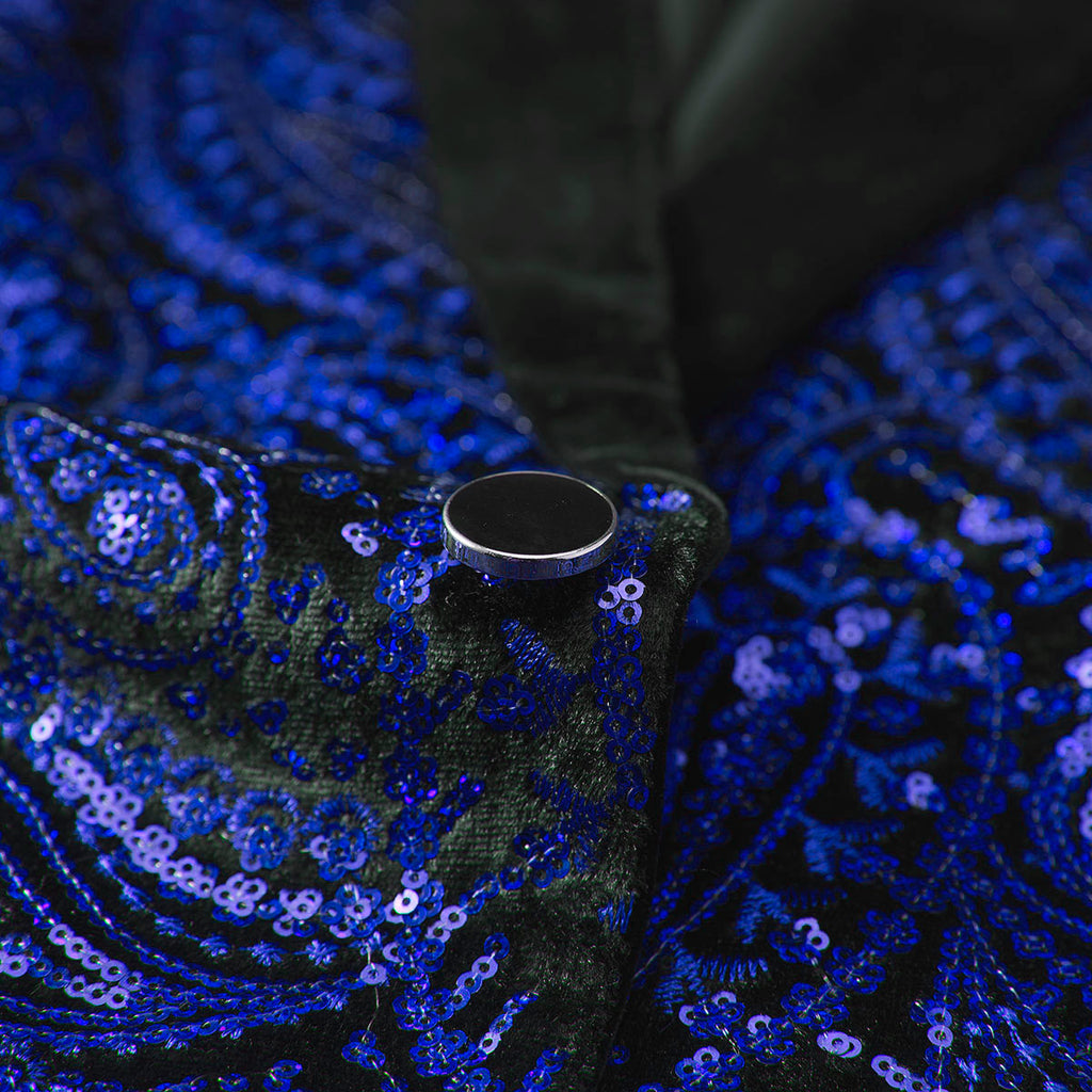Men's Sequin Blue Paisley Black Tuxedo Jacket