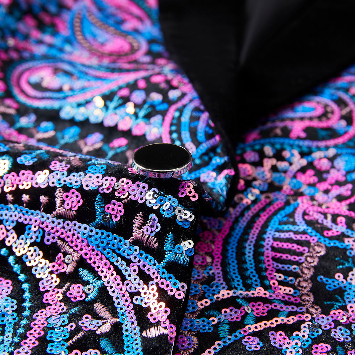 Men's Sequin Purple and Blue Paisley Black Suit
