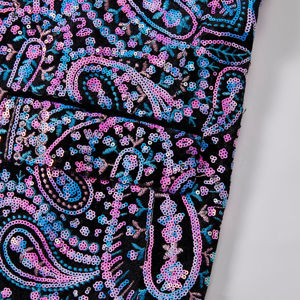 Men's Sequin Purple and Blue Paisley Black Suit