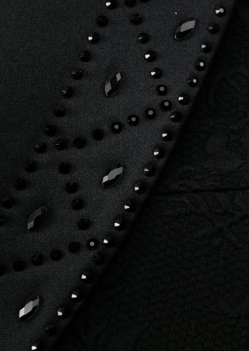 Men’s Black 2-Piece Floral Jacquard Tuxedo Set with Hotfix Crystal Shawl Collar