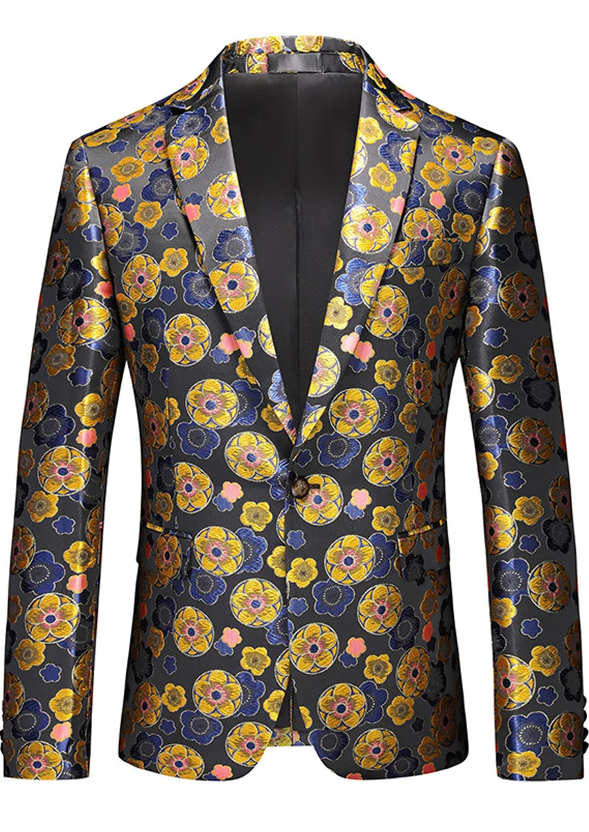 Men's Stylish Gold Floral Jacquard One-Button Black Blazer