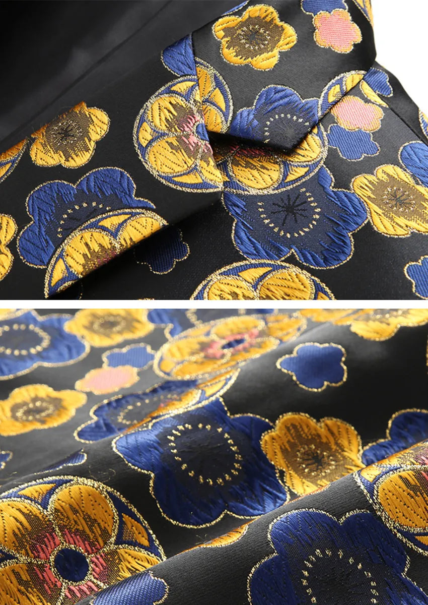 Men's Stylish Gold Floral Jacquard One-Button Black Blazer