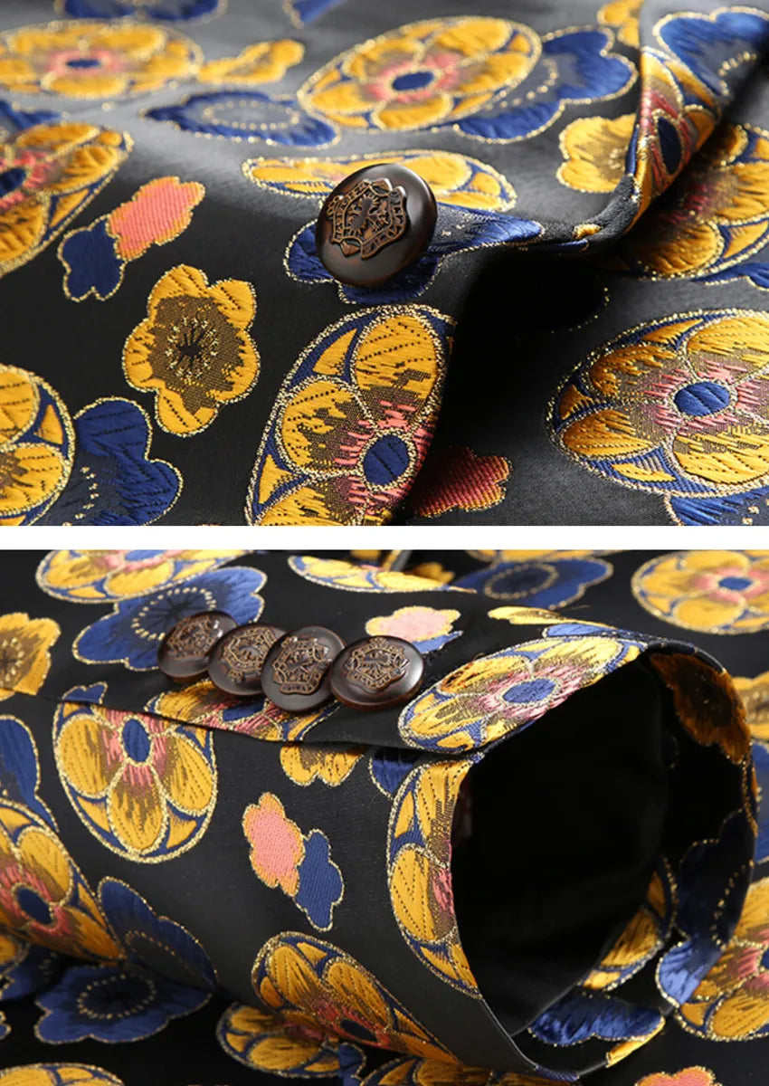 Men's Stylish Gold Floral Jacquard One-Button Black Blazer