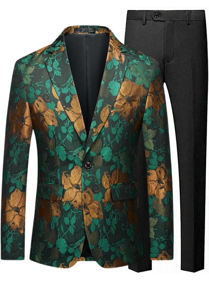 Men's Yellow Floral Vine Green Tuxedo Jacket