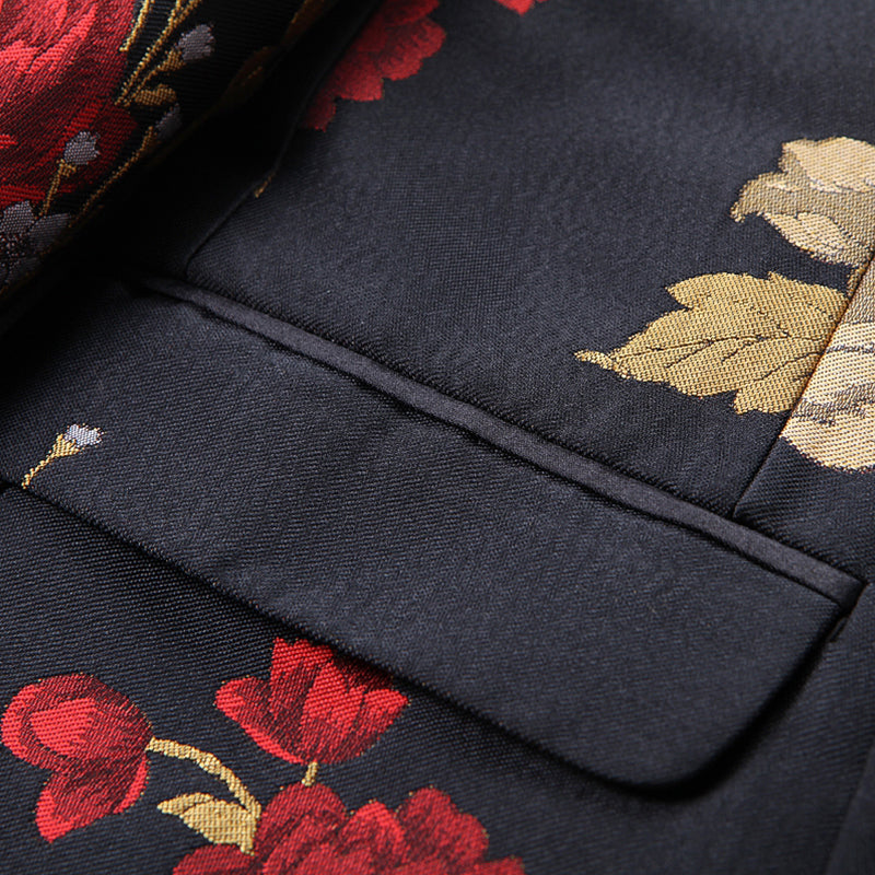 Men's 2-Piece Red and Gold Peony Embroided Black Suit