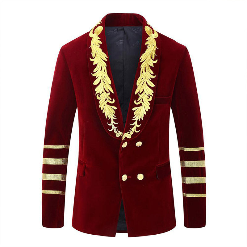 Men's Gold Floral Embroided Collar Court Style Burgundy Jacket