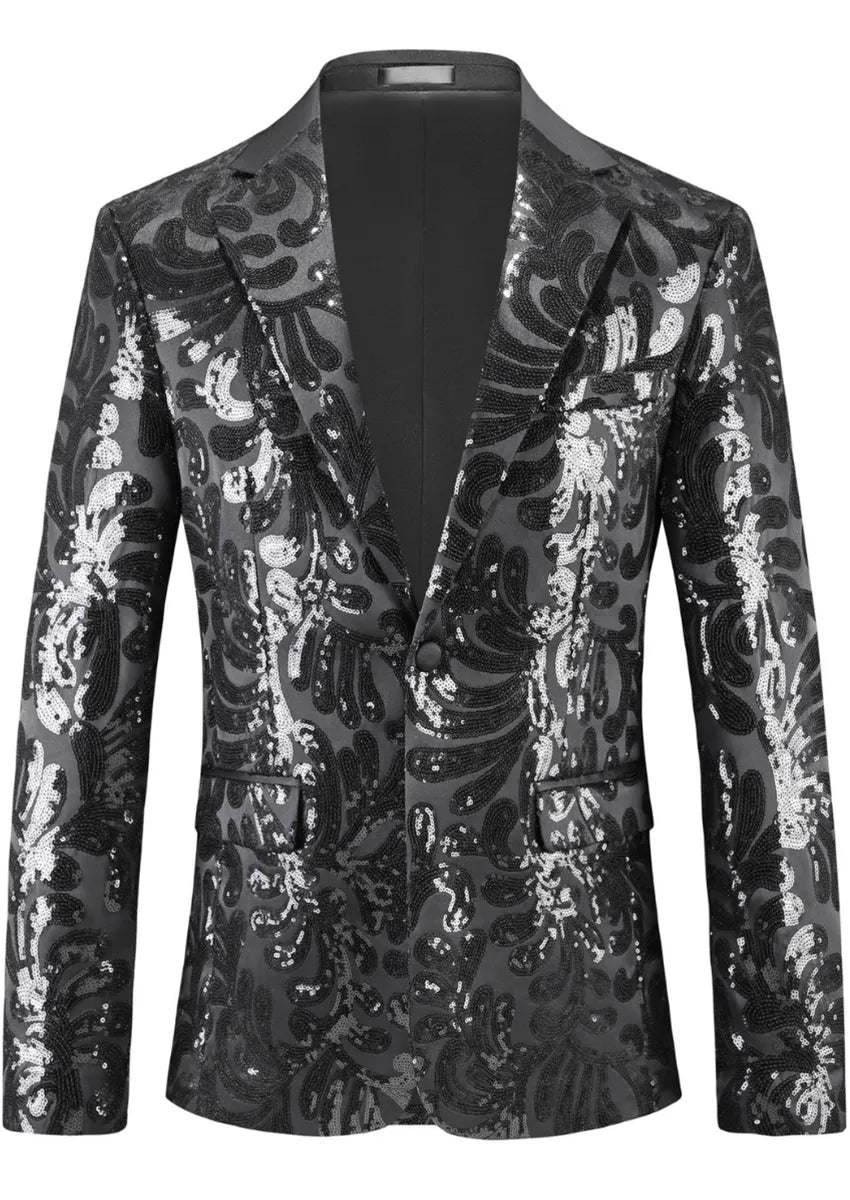 Men's Notch Lapel Embroidered Paisley Black Sequin Suit