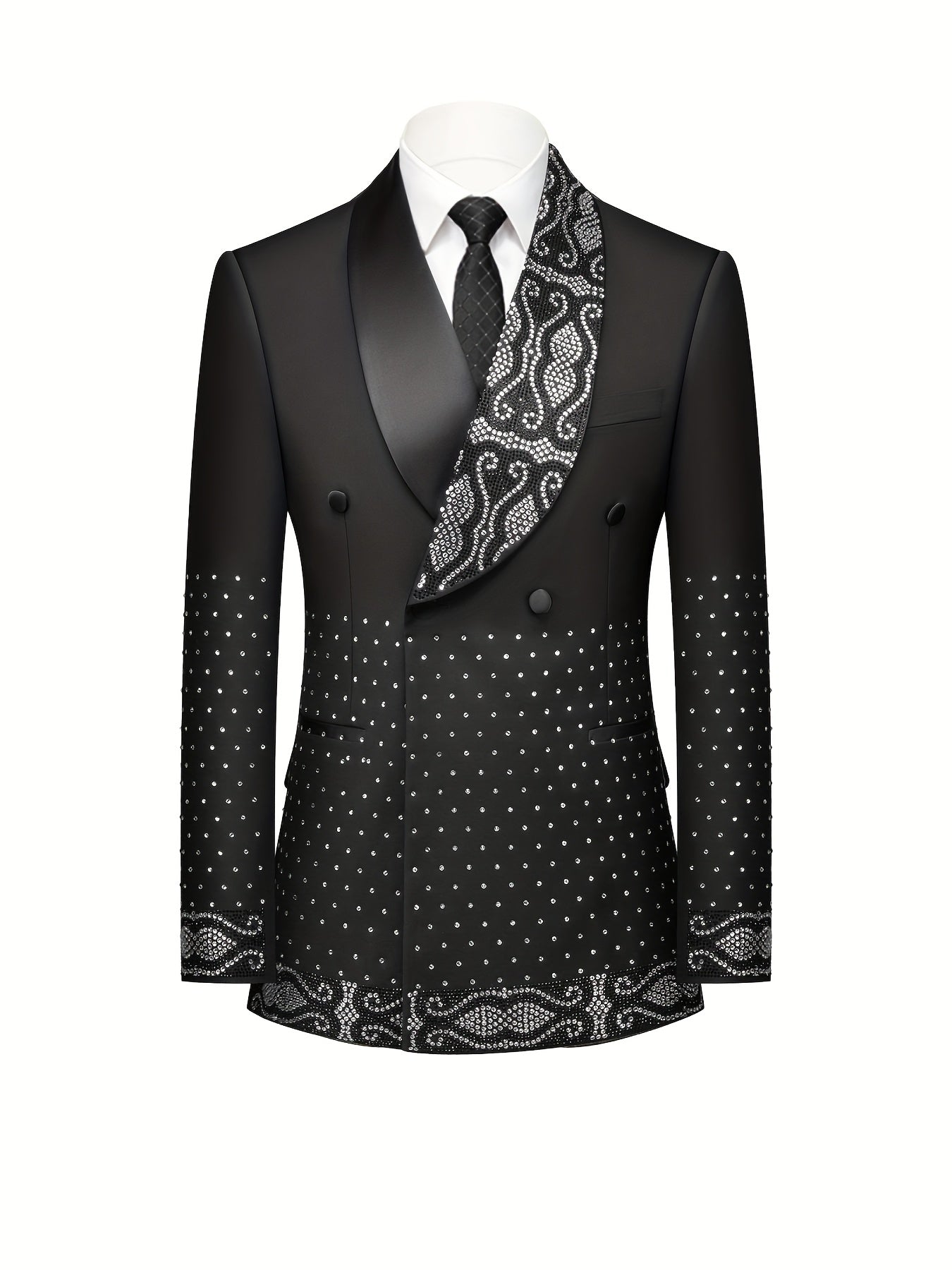 2-piece men's suit, heat cured rhinestone tailcoat, long pants, shawl collar, double breasted wedding party, stage performance, men's elegant suit