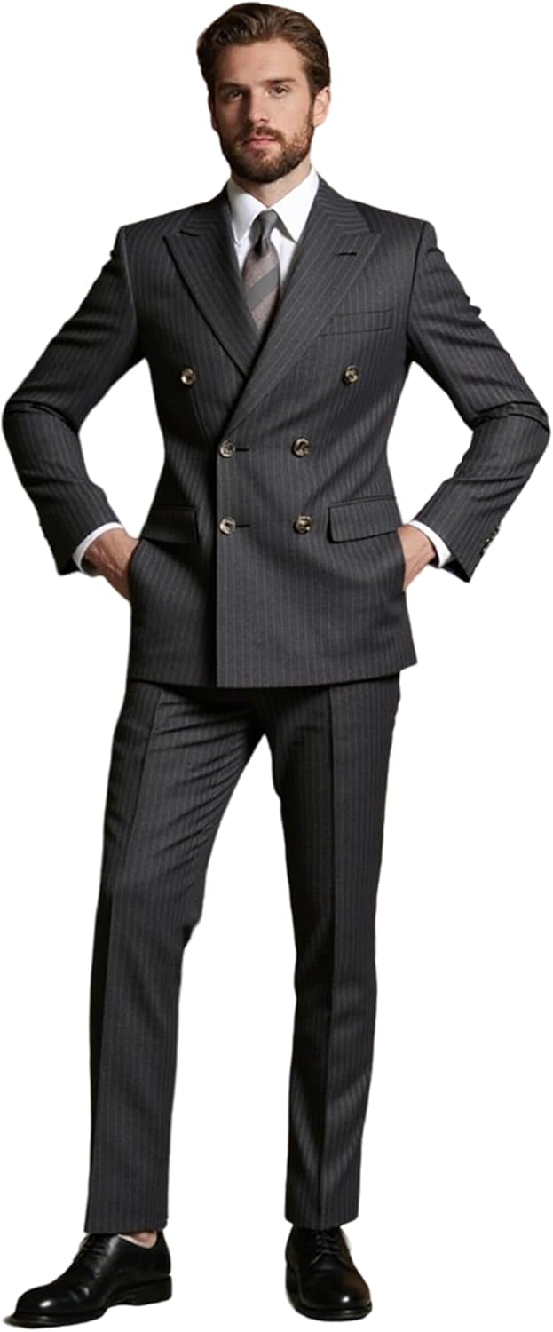 Men's Double Breasted Pinstripe Suit Set Peaked Lapel 2 Piece Tailored Fit Blazer Pants Set