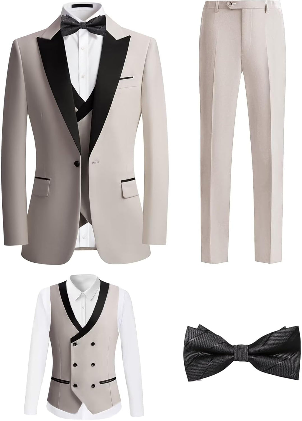 Men's 4 Piece Formal Suit Peaked Lapel Jacket Double Breasted Vest, Pants & Bow Tie for Prom Nights