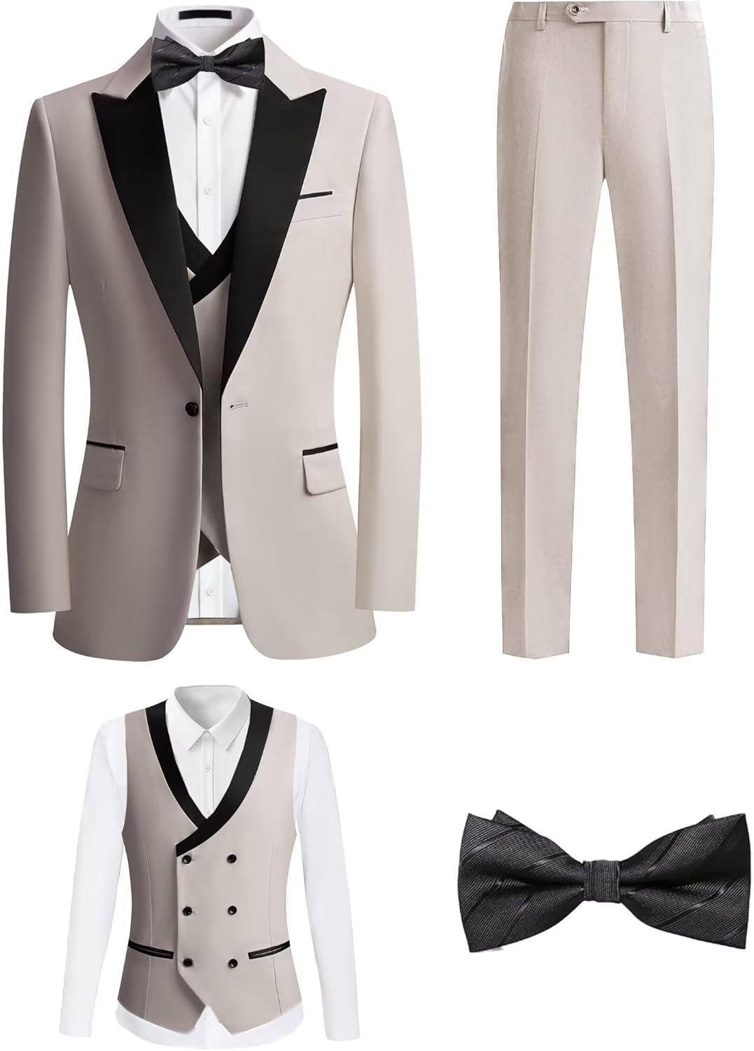 Men's 4 Piece Formal Suit Peaked Lapel Jacket Double Breasted Vest, Pants & Bow Tie for Prom Nights