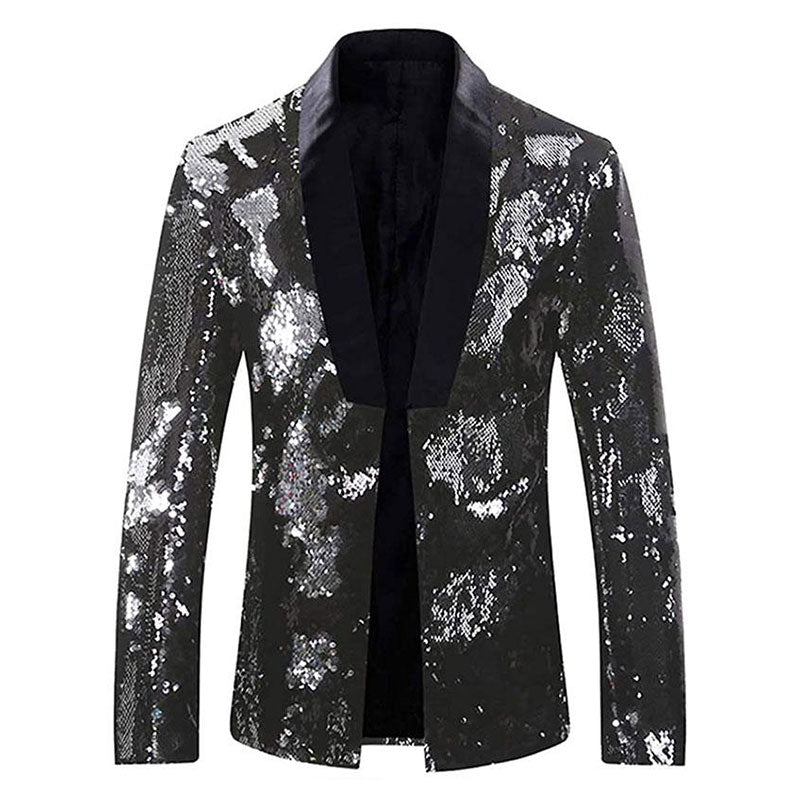Men's Full Sequin Reflective Black Tuxedo with Silver Geometric Patterns Mandarin Collar