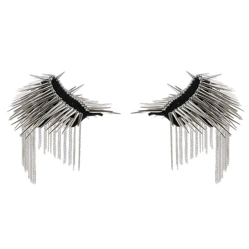 1 Pair Shoulder Epaulet Crystal Rhinestone Punk Rivet Tassels Silver