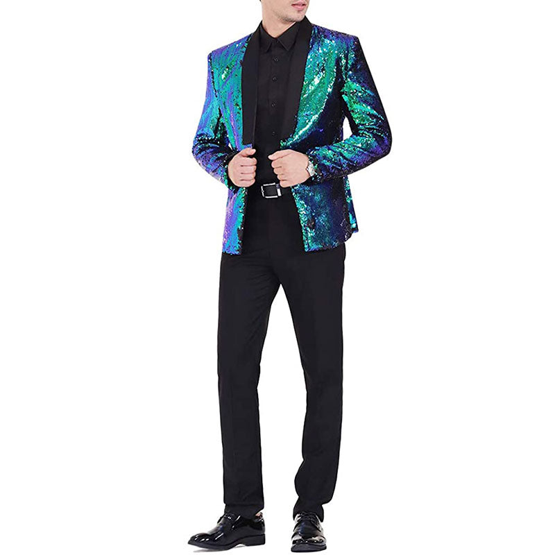 Men's Full Sequin Reflective Teal Green Tuxedo Mandarin Collar