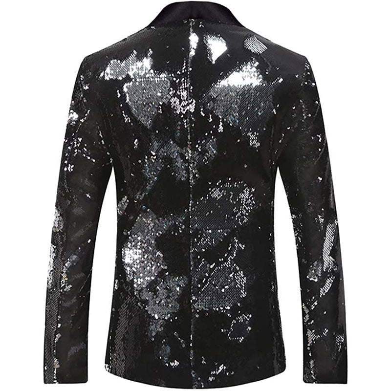 Men's Full Sequin Reflective Black Tuxedo with Silver Geometric Patterns Mandarin Collar