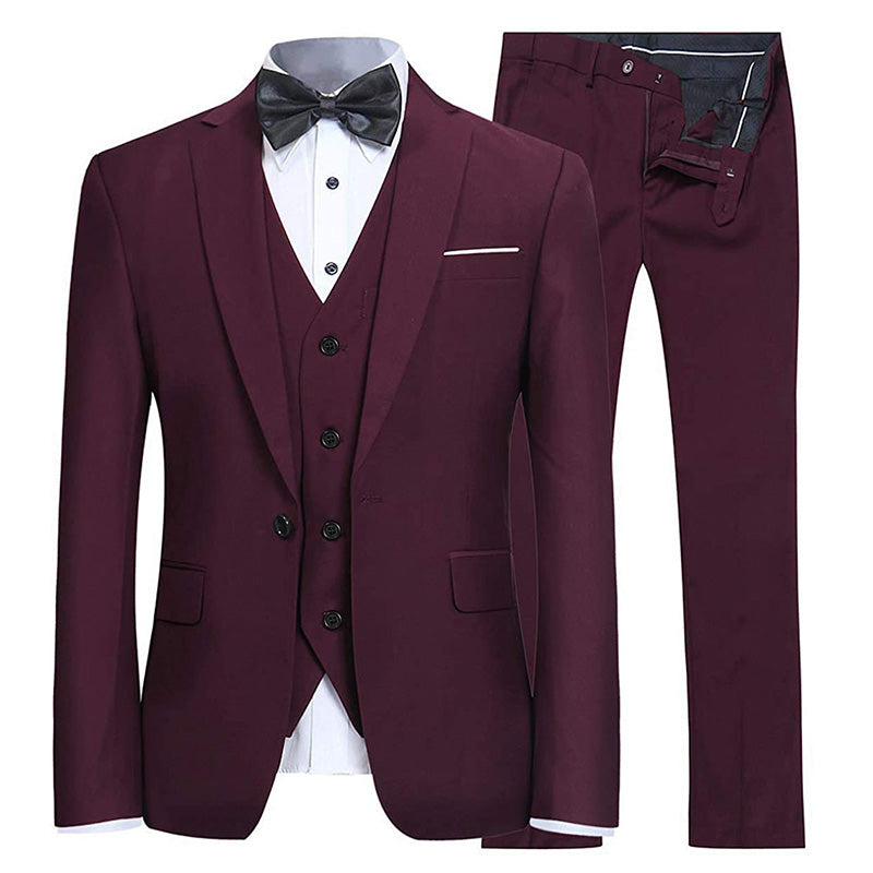 Men's 3-Piece Classic One Button Burgundy Tuxedo