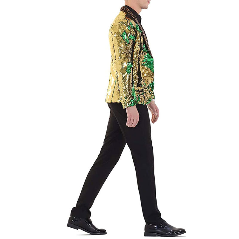 Men's V-neck Full Sequin Golden Tuxedo with Green Geometric Patterns