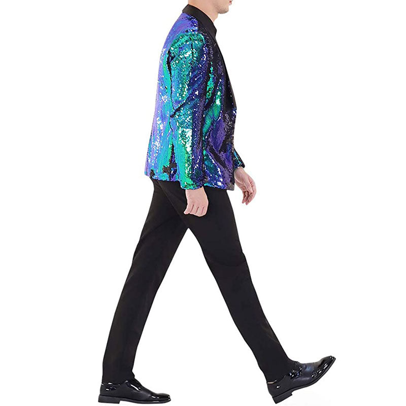 Men's Full Sequin Reflective Teal Green Tuxedo Mandarin Collar