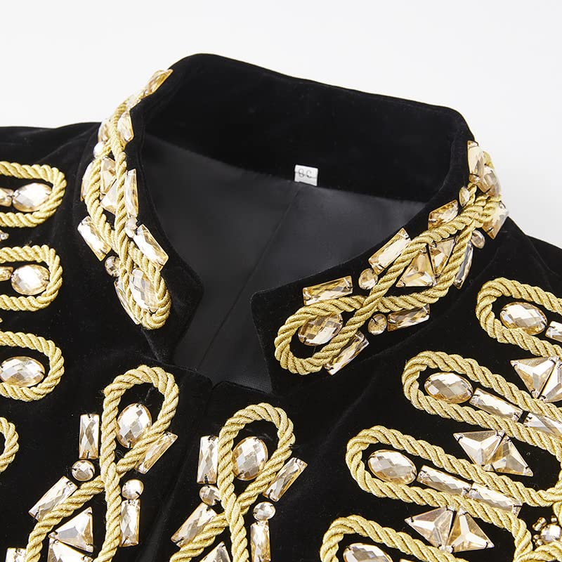 Men's Handmade Gold Aigillette and Rhinestone Hussar Officers Style Black Velvet Tuxedo