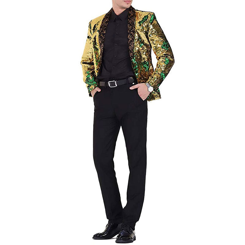 Men's V-neck Full Sequin Golden Tuxedo with Green Geometric Patterns