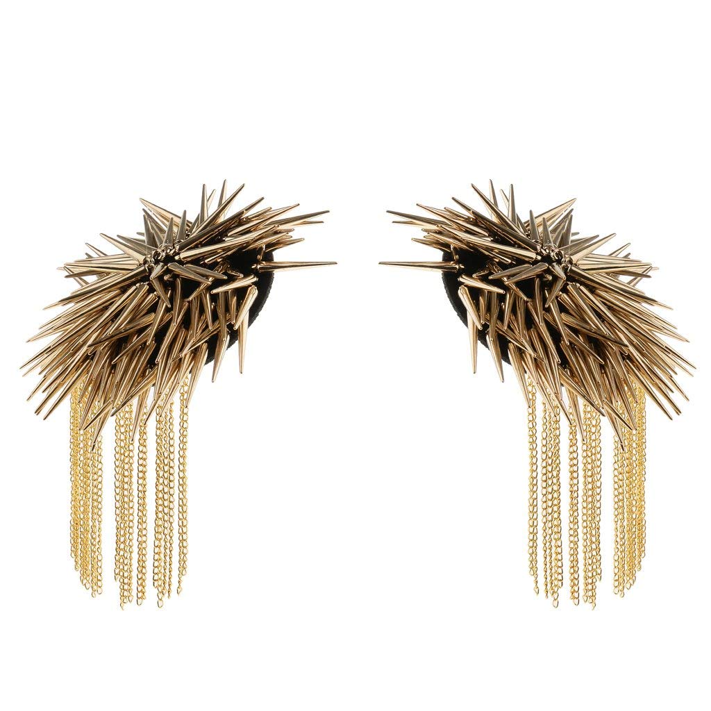 1 Pair Shoulder Epaulet Crystal Rhinestone Punk Rivet Tassels Gold