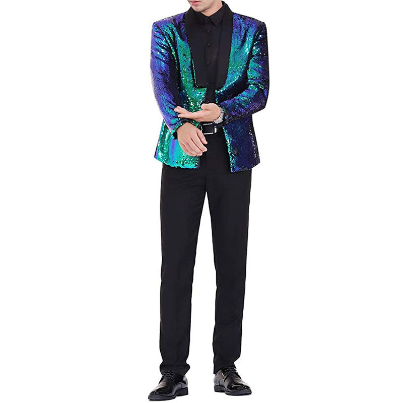 Men's Full Sequin Reflective Teal Green Tuxedo Mandarin Collar