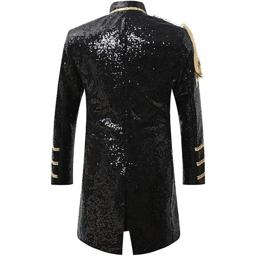 Men's Classic Military Style Stage Full Black Sequin Trench Coat