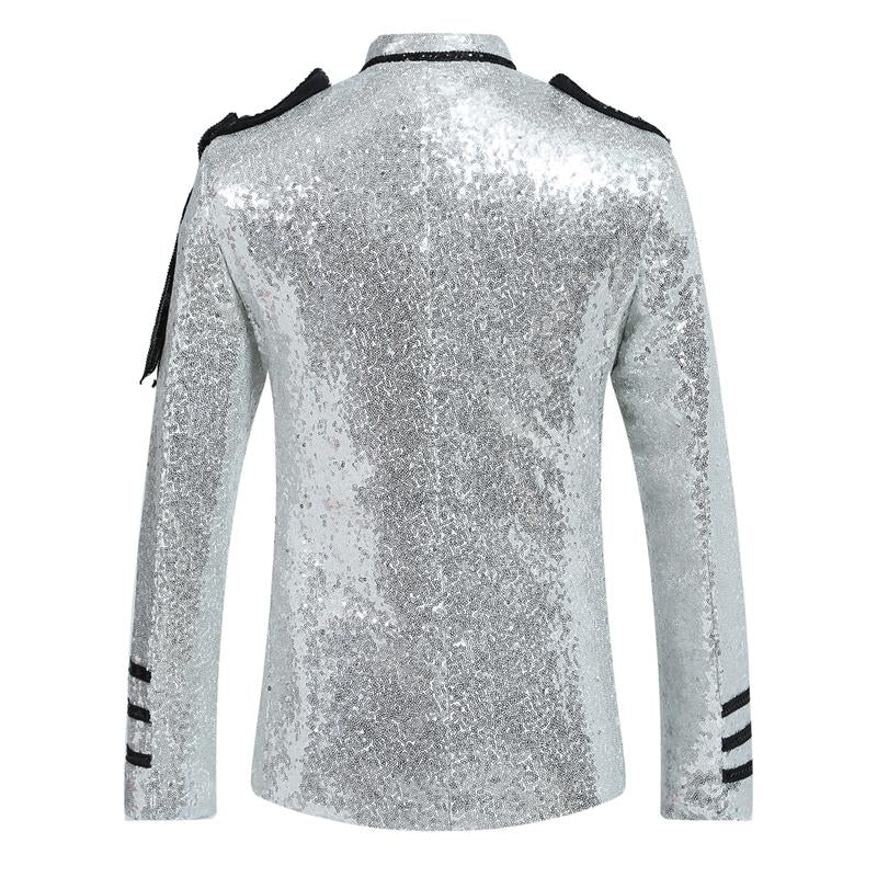 Men's Classic Military Style Stage Full Silver Sequin Jacket