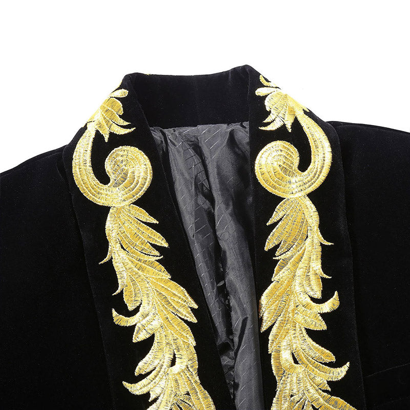Men's Gold Floral Embroided Collar Court Style Black Jacket