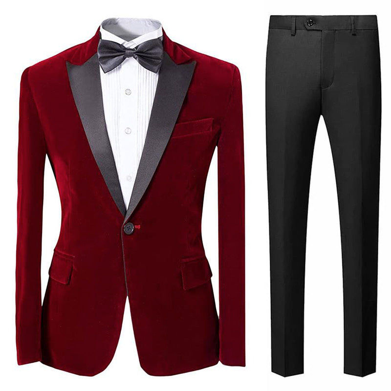 Men's 2-Piece Peak Lapel Burgundy Velvet Tuxedo