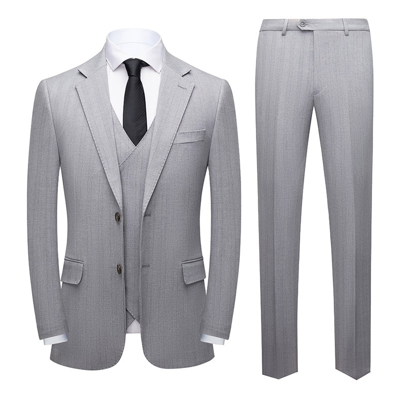 Men's 3-Piece Two Button Groom's Pinstripe Light Gray Suit