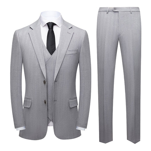 Men's 3-Piece Two Button Groom's Pinstripe Light Gray Suit