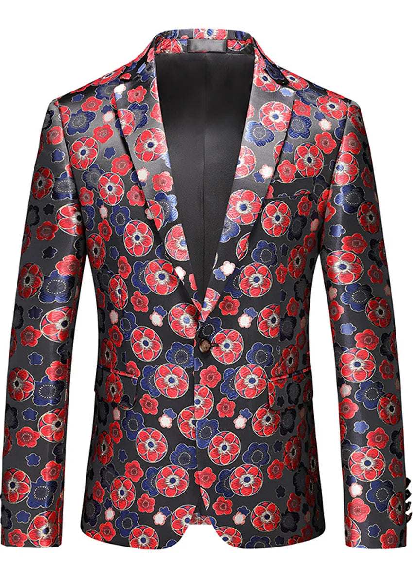 Men's Stylish Red Floral Jacquard One-Button Black Blazer