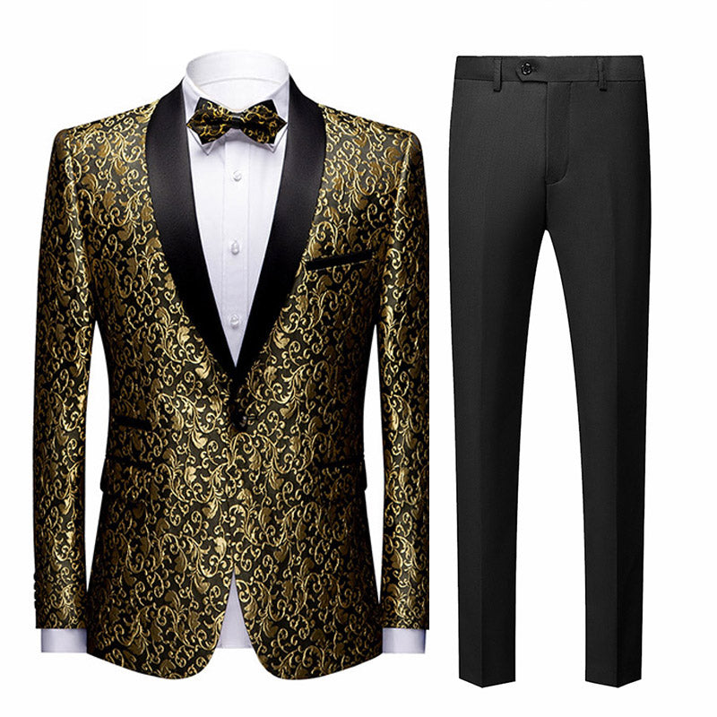 Men's 2-Piece Gold Jacquard Embroidery Paisley Black Tuxedo