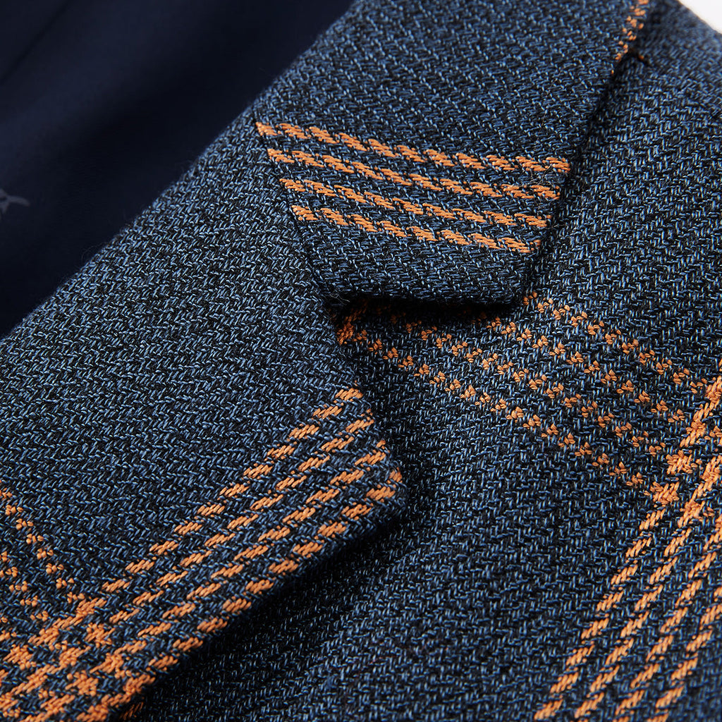 Men's 3-Piece Brown Plaid Design Navy Blue Suit