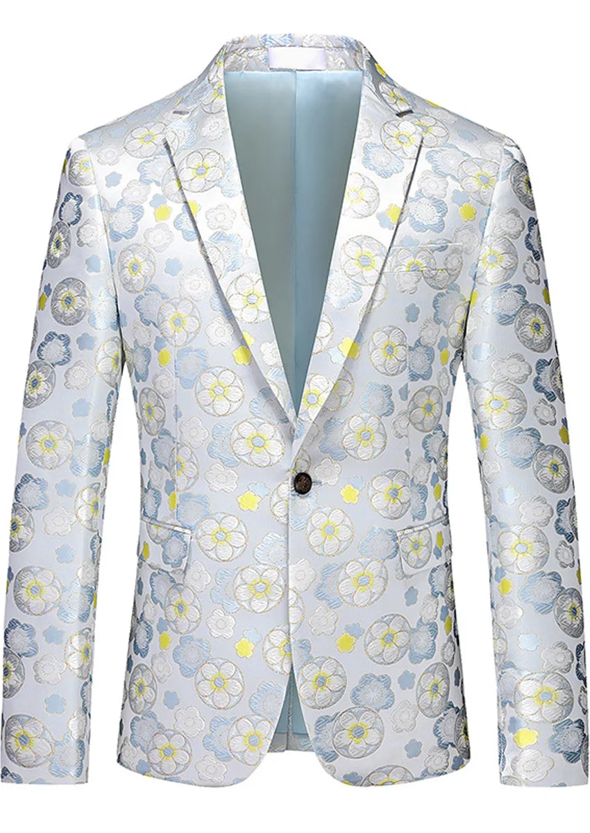 Men's Stylish Yellow Floral Jacquard One-Button White Blazer