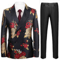 Men's 2-Piece Red and Gold Peony Embroided Black Suit